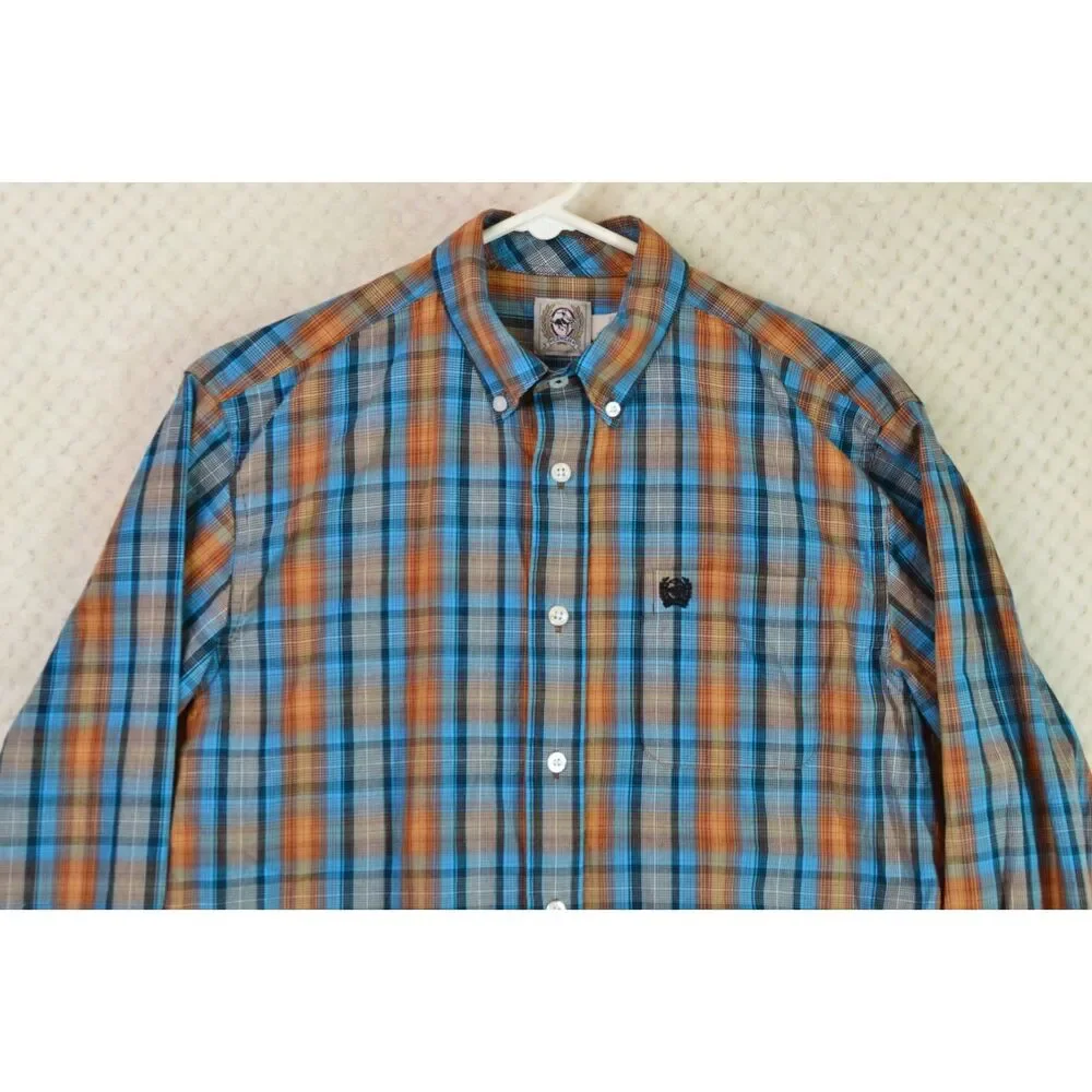 Cinch Boys XL (14) Shirt Blue Orange Plaid Western Button Up